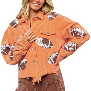 BiB!‎ Womens Orange Corduroy Football Sequin Patch Raw Hem Jacket XL Gameday